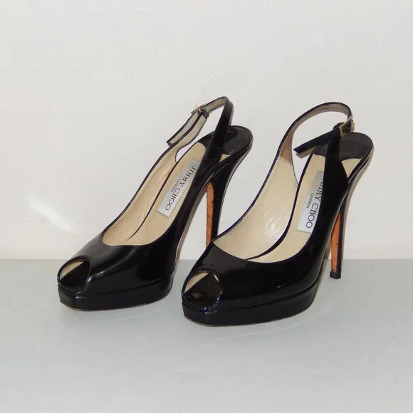 Jimmy Choo Black Patent Peeptoe Slingback Heels Shoes Pumps 36 6 - Picture 1 of 11